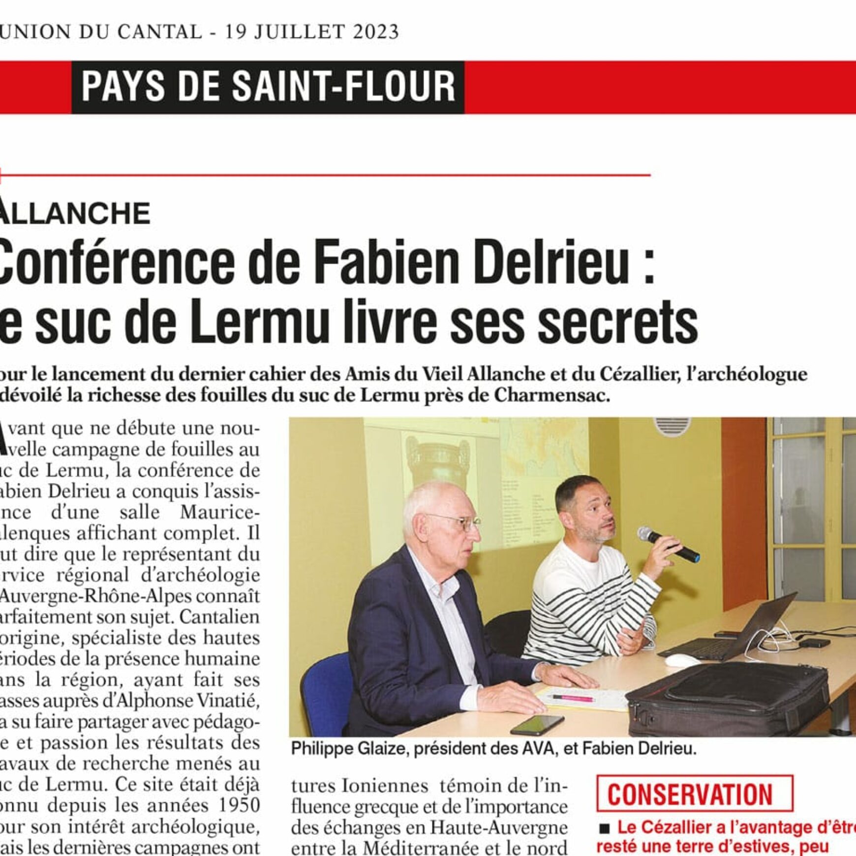 Conférence de Fabien Delrieu : le suc de Lermu livre ses secrets – L’Union du Cantal – 19 juillet 2023