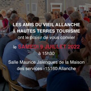 LES AMIS DU VIEIL ALLANCHE & HAUTES TERRES TOURISME ont le plaisir de vous convier le samedi 9 juillet 2022 à 15h30, salle Maurice Jalenques de la Maison des services - 15160 Allanche.

Conférence de Pascal Moulier, sur le thème : « Les sculpteurs Boyer, artistes en Cézallier et en Haute-Auvergne au XVIIIe siècle »

Suivi à 17h30 sous le marché couvert de la présentation avec dédicaces du Cahier n°15 des Amis du Vieil Allanche : « Cézallier sur les pas de Jean-Paul Belmondo »

@lesamisduvieilallanche @hautesterrestourisme 

#journéedesamisduvieilallanche #pascaleMoulier #allanche #rencontre #cahier15 #LAVA #lesamisduvieilallanche #hautesterrestourisme